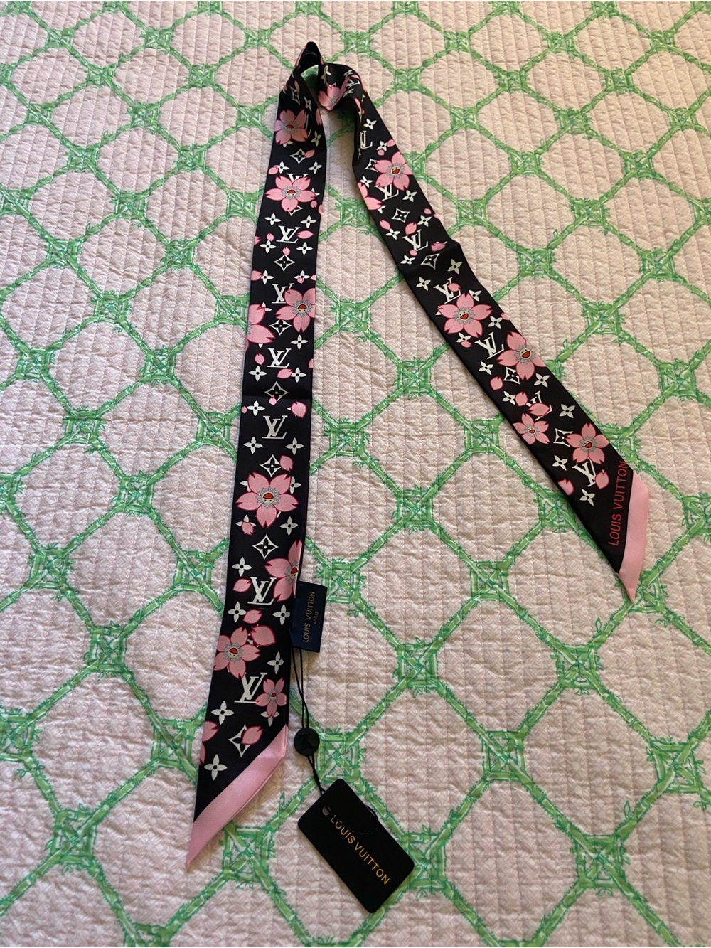 Louis Vuitton Black & Pink Floral Silk Twilly Scarf! NWT! Fast Shipping!
